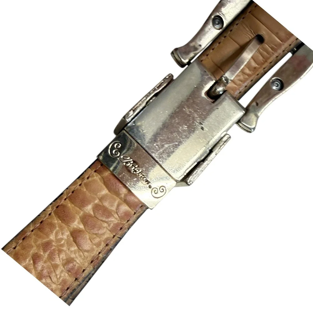 Brighton Womens Reversible Black Tan Belt Embossed Leather Silver Gold Buckle XL